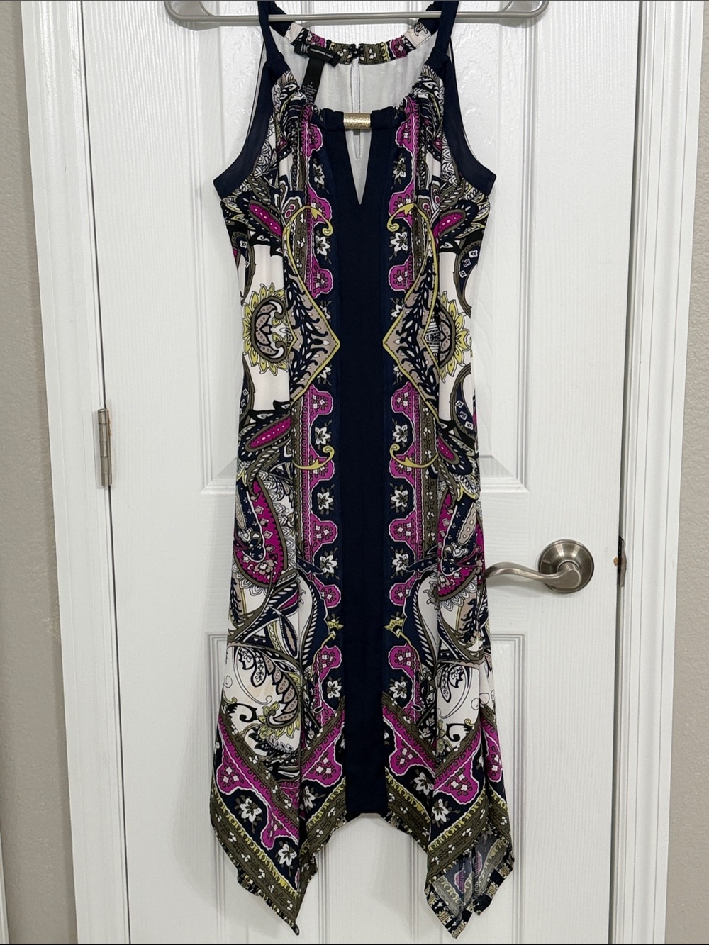 INC Handkerchief Hem Paisley Halter Dress in Navy, Pink and Cream Size S